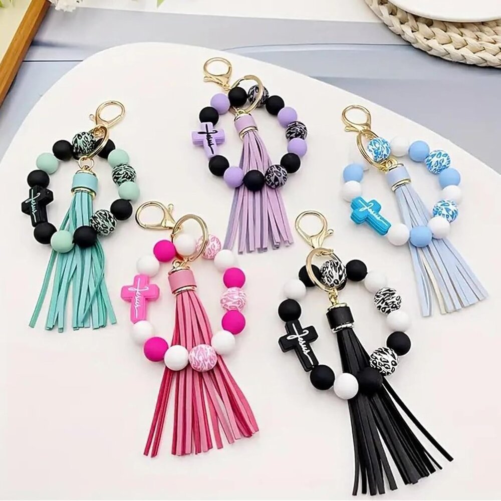 Wristlet Bracelet Keychain for Women,Silicone/Wood Cross Leopard Beaded Bracelet - Picture 8 of 9